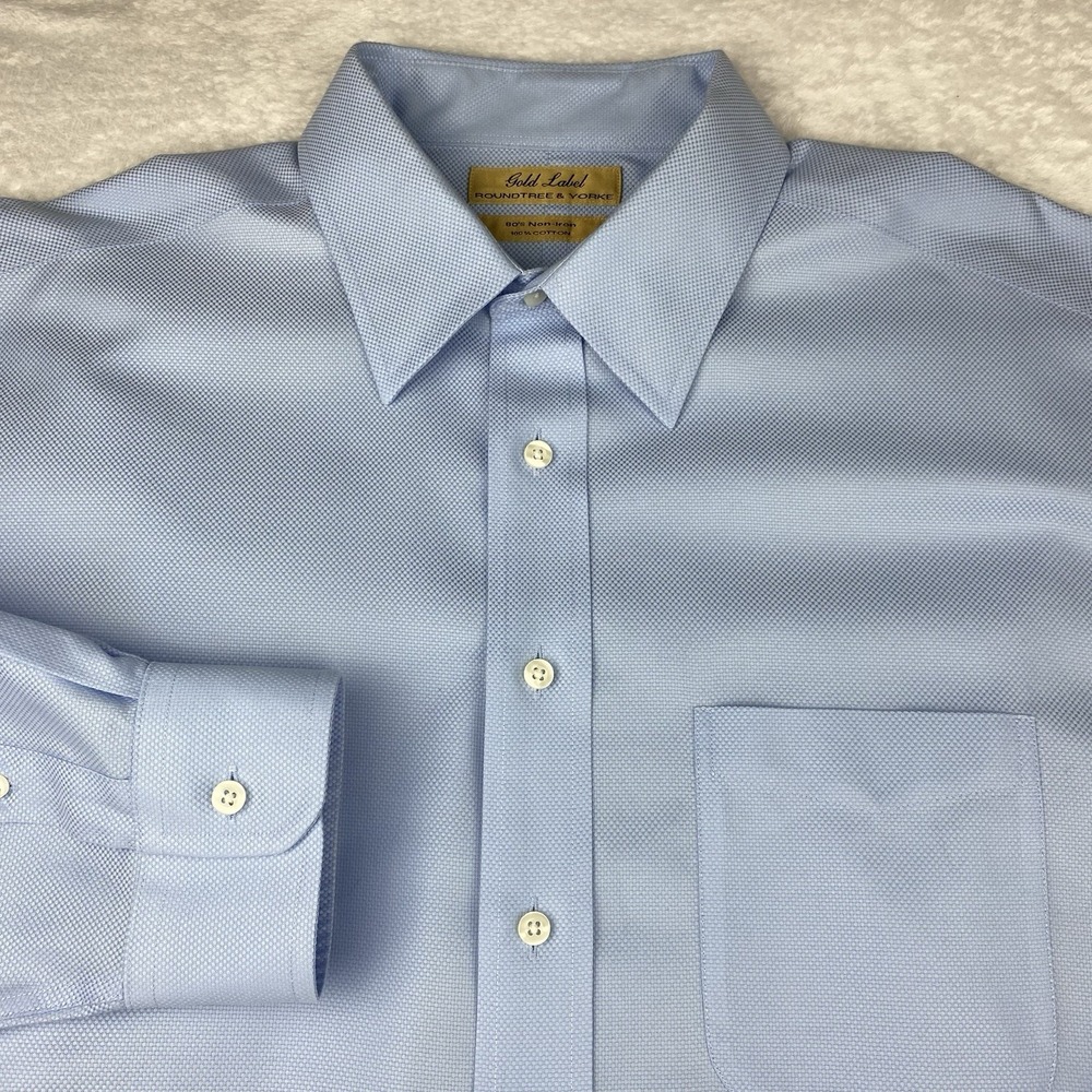 Roundtree & Yorke Gold Label Dress Shirt Mens 17-37 TALL Lt. Blue Weave No Iron
